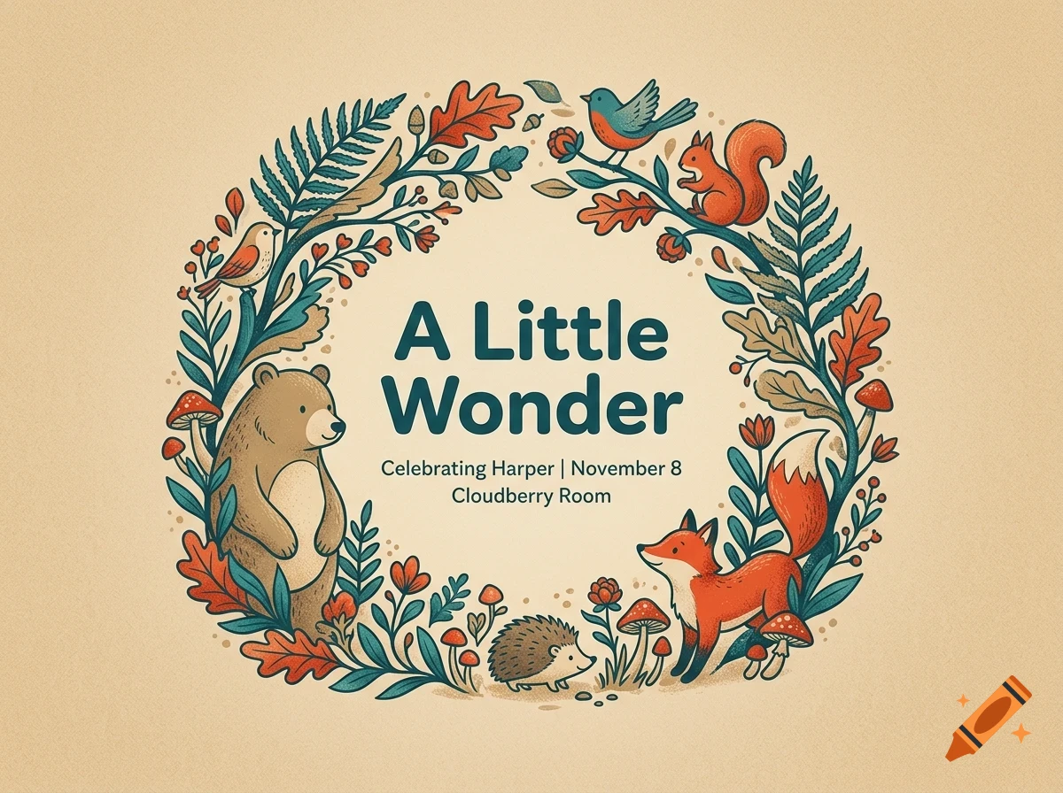 An illustration of a circular floral and animal wreath surrounding the text A Little Wonder Celebrating Harper November 8 Cloudberry Room.
