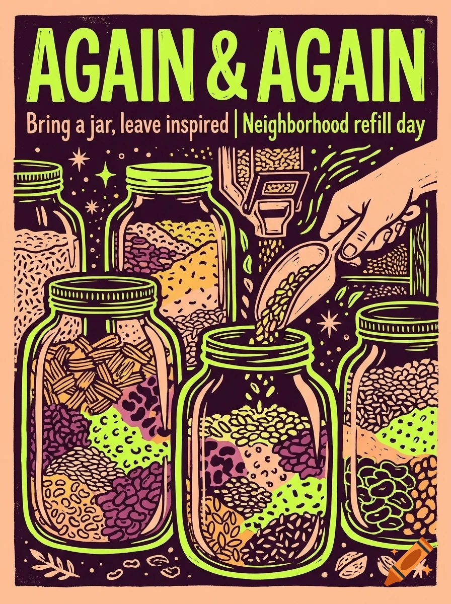 An illustrated poster depicting glass jars filled with grains and beans, with a hand scooping grains into a jar. Text reads 'AGAIN & AGAIN - Bring a jar, leave inspired | Neighborhood refill day'.