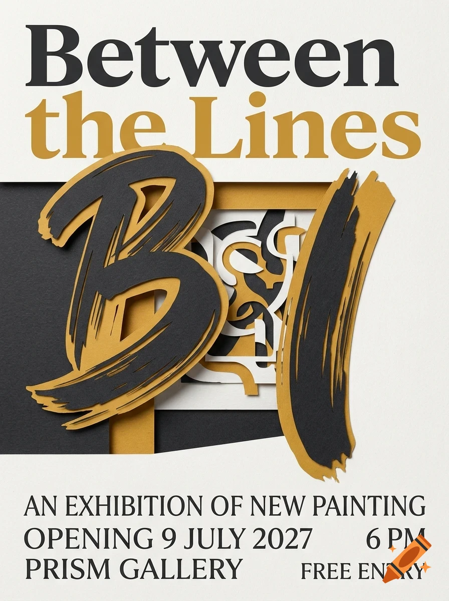 An exhibition poster titled Between the Lines with bold lettering and abstract shapes in black, gold, and white layers.