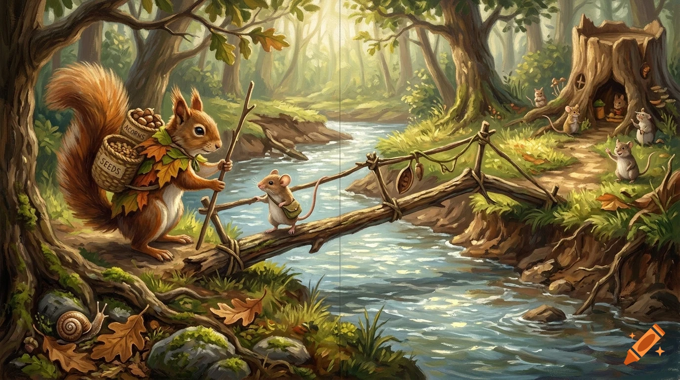 An illustrated squirrel carrying baskets of acorns and seeds stands by a stream, holding a staff while a mouse crosses a rustic log bridge.