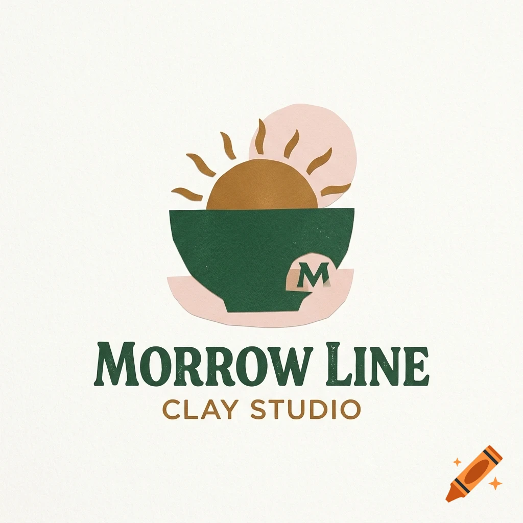 A logo for Morrow Line Clay Studio featuring a stylized green bowl with a rising sun and letter M, and text below.