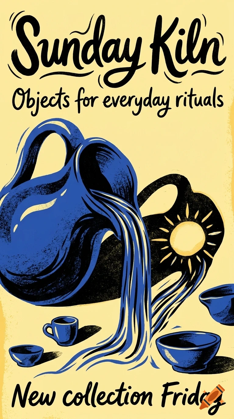 An illustration of a blue pitcher pouring water into a bowl, surrounded by smaller cups on a yellow background with the text 'Sunday Kiln' and 'Objects for everyday rituals'.