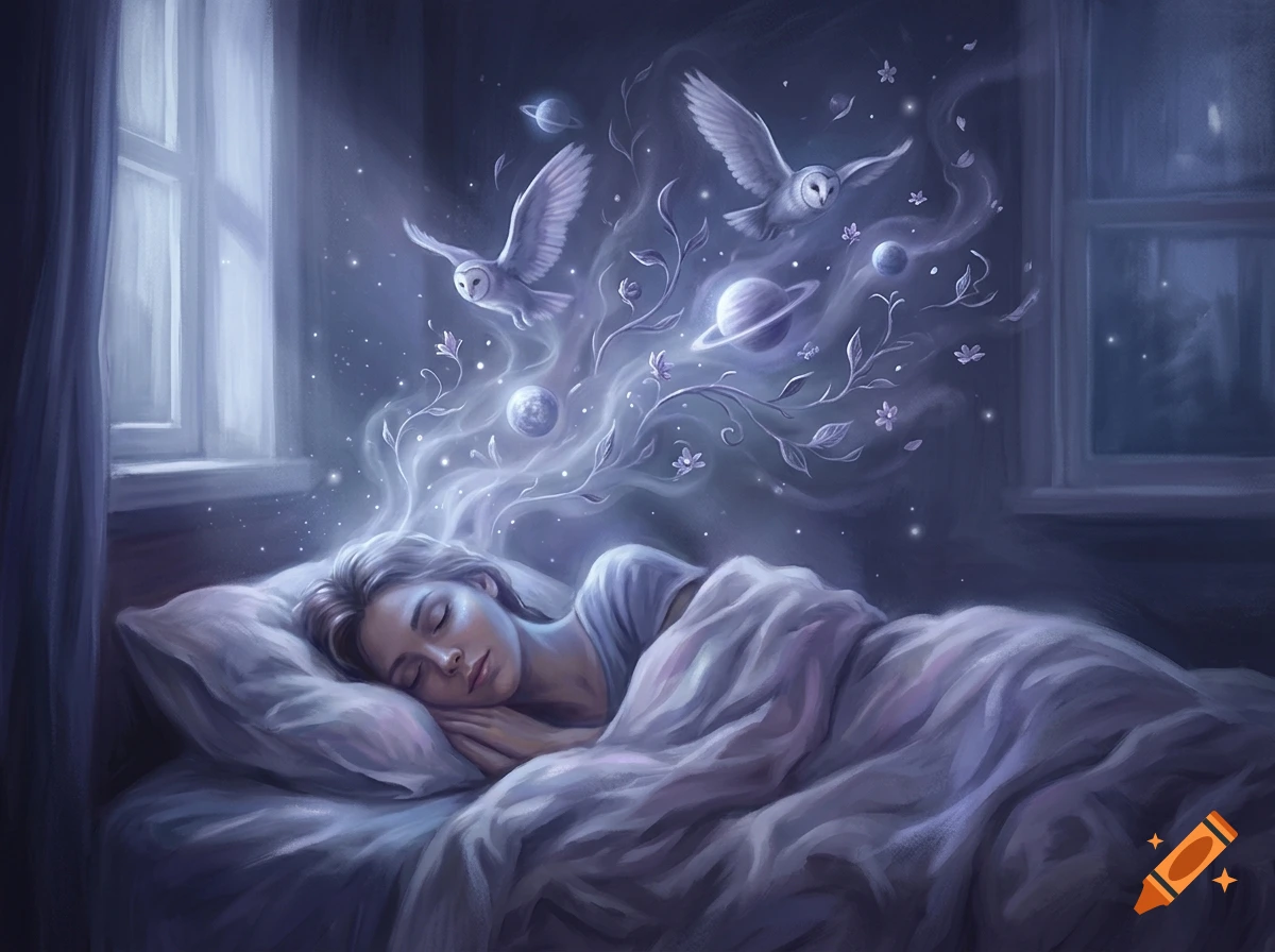 Digital painting of a person sleeping peacefully in bed, with glowing mist, owls, and planets rising from their head in a dreamy night setting.