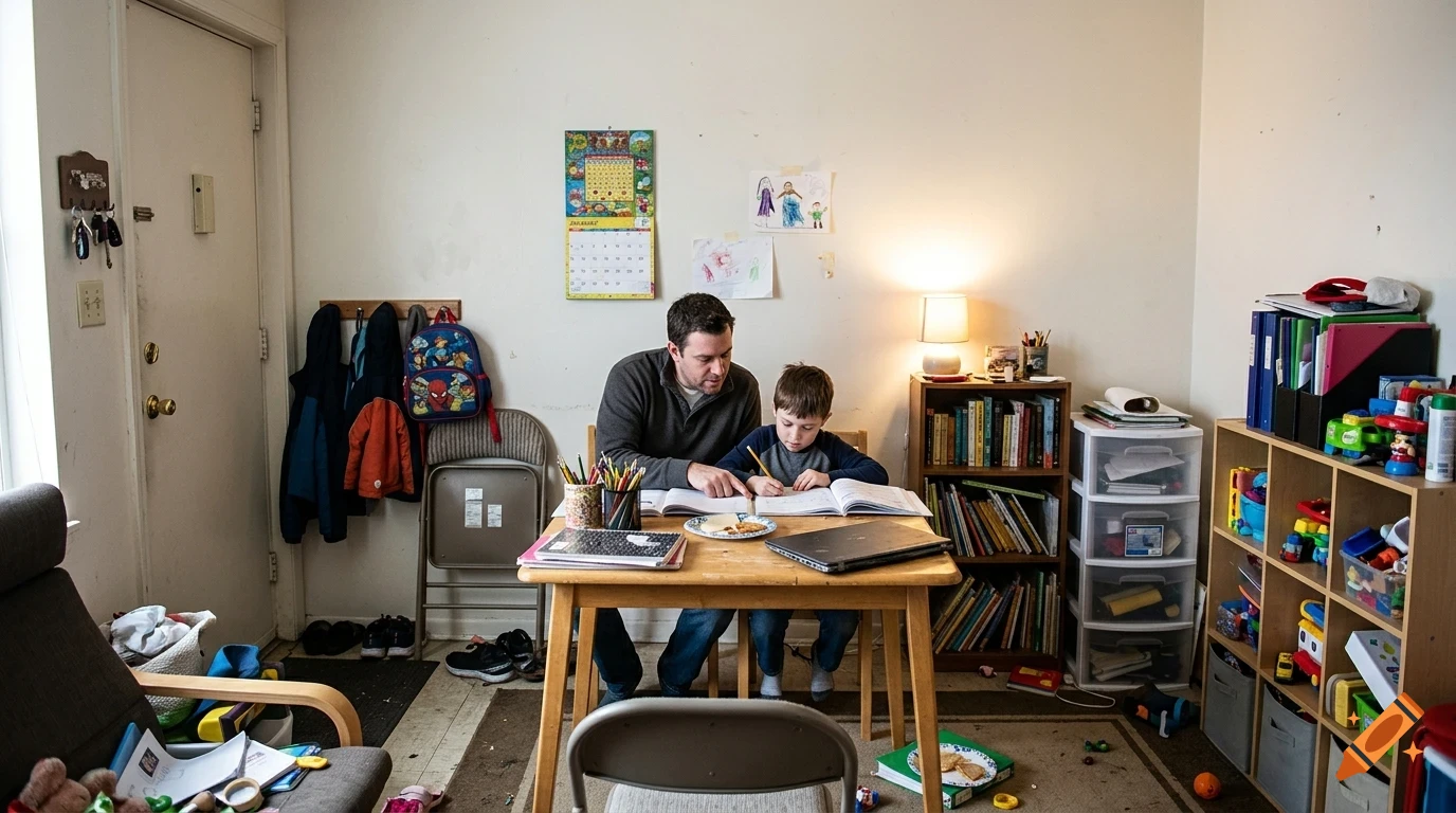 A man and a young boy sitting at a wooden table in a room, working on schoolwork together.