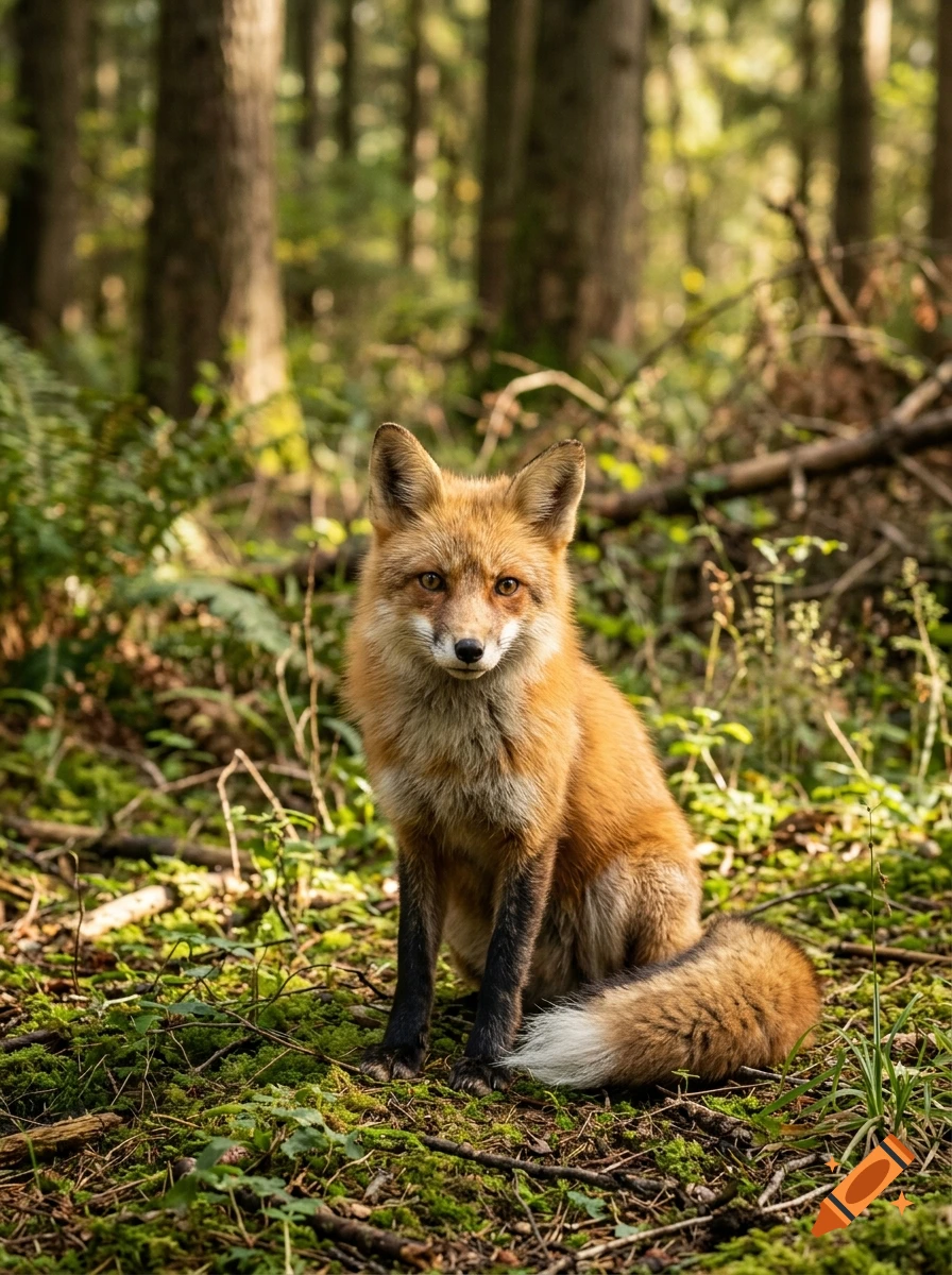 Photorealistic image of a cute red fox sitting in a lush forest among moss and trees.