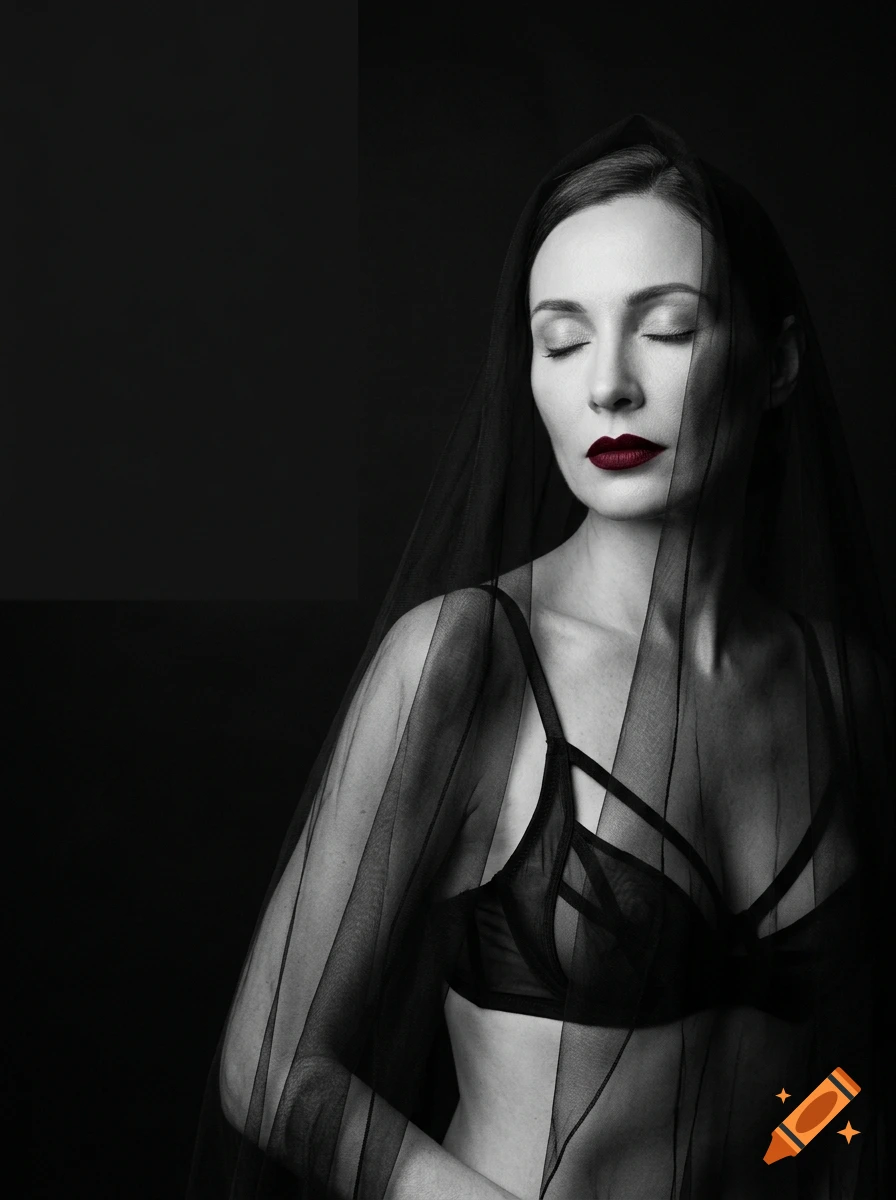 Black and white editorial portrait of a woman with deep red lips, wearing a black lace bralette and a transparent veil.