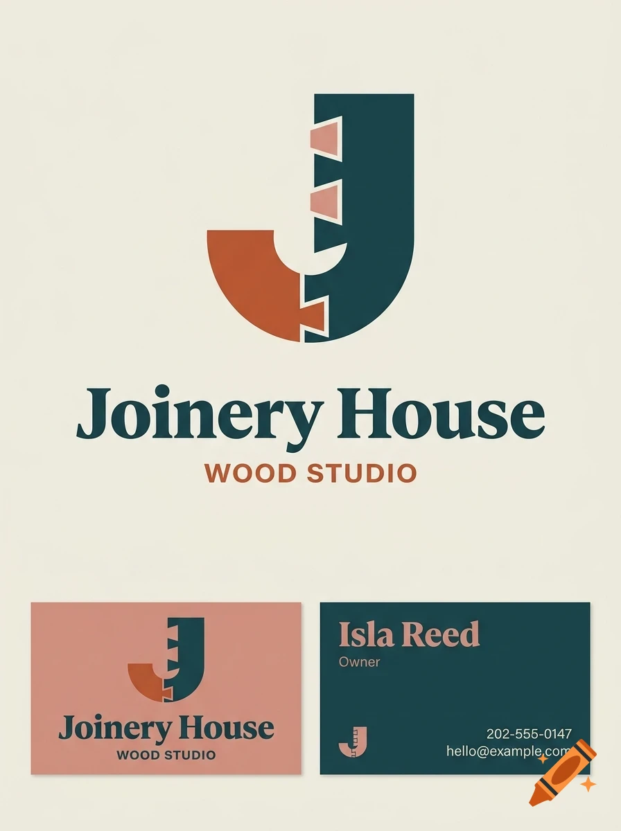 A brand identity design for Joinery House Wood Studio featuring a letter J logo shaped like a dovetail joint, along with business card mockups.