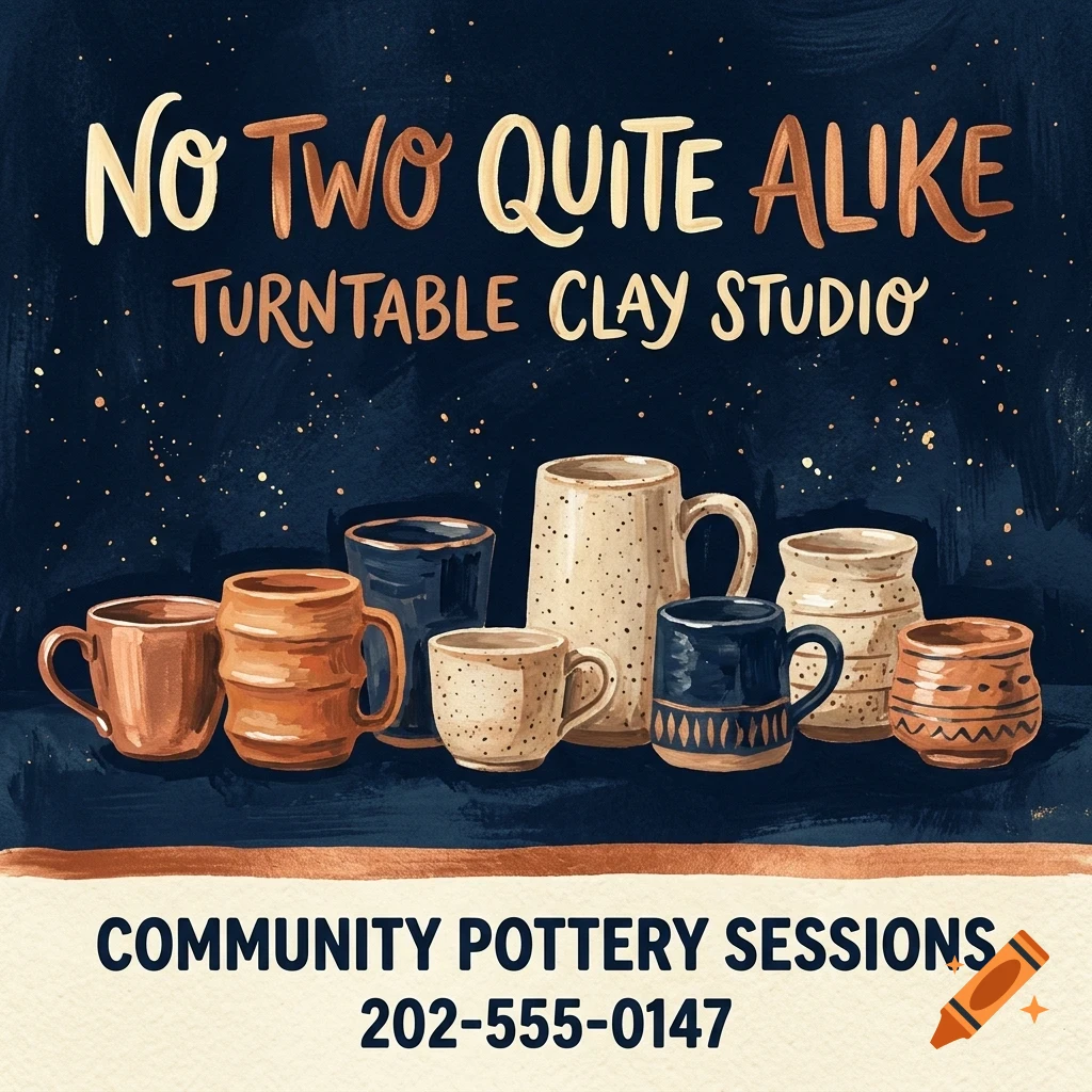 An illustration of handmade pottery mugs and cups against a dark starry background with lettering for Turntable Clay Studio.