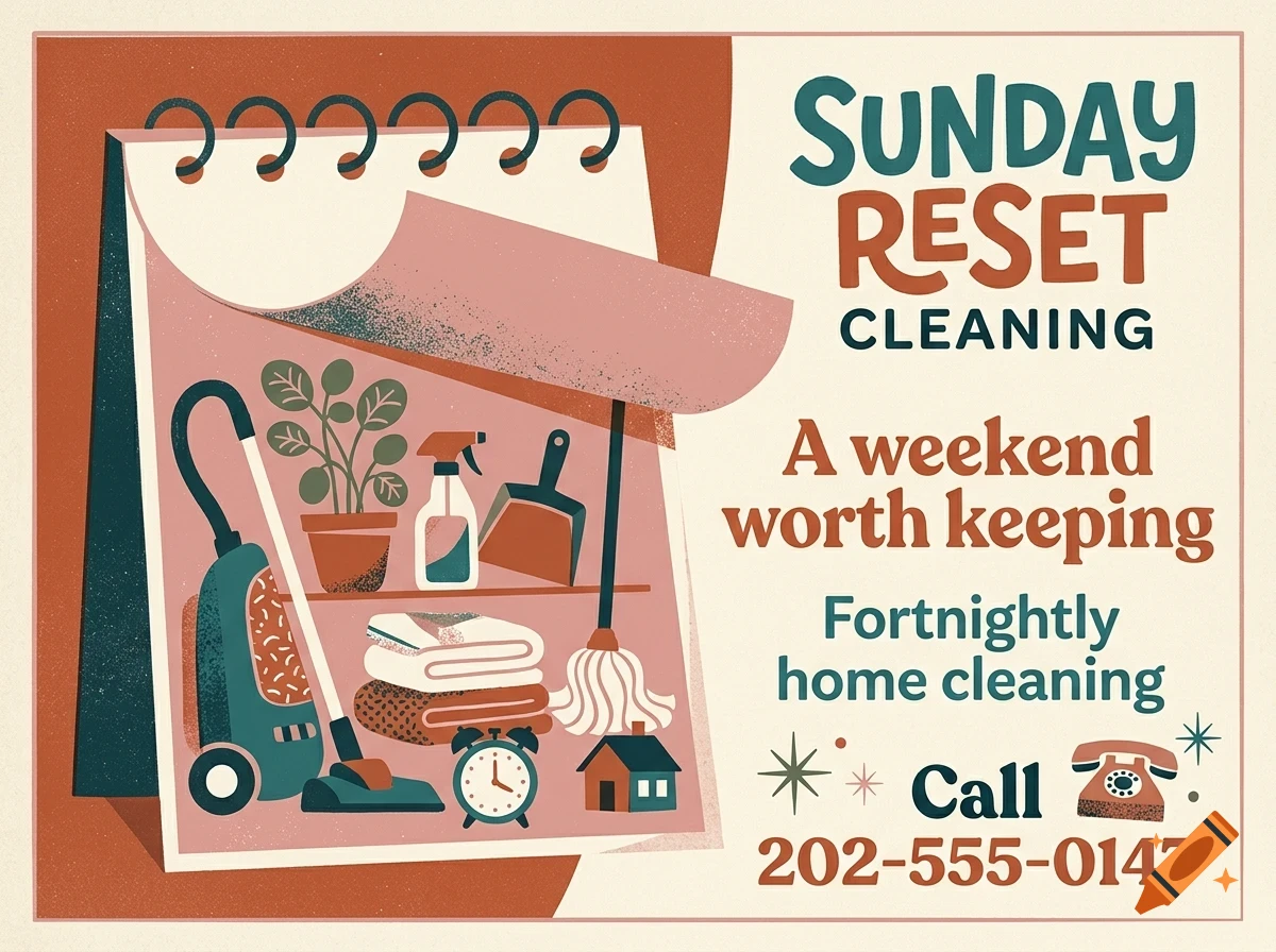 An illustrated poster for Sunday Reset Cleaning featuring a calendar page with cleaning supplies and text.