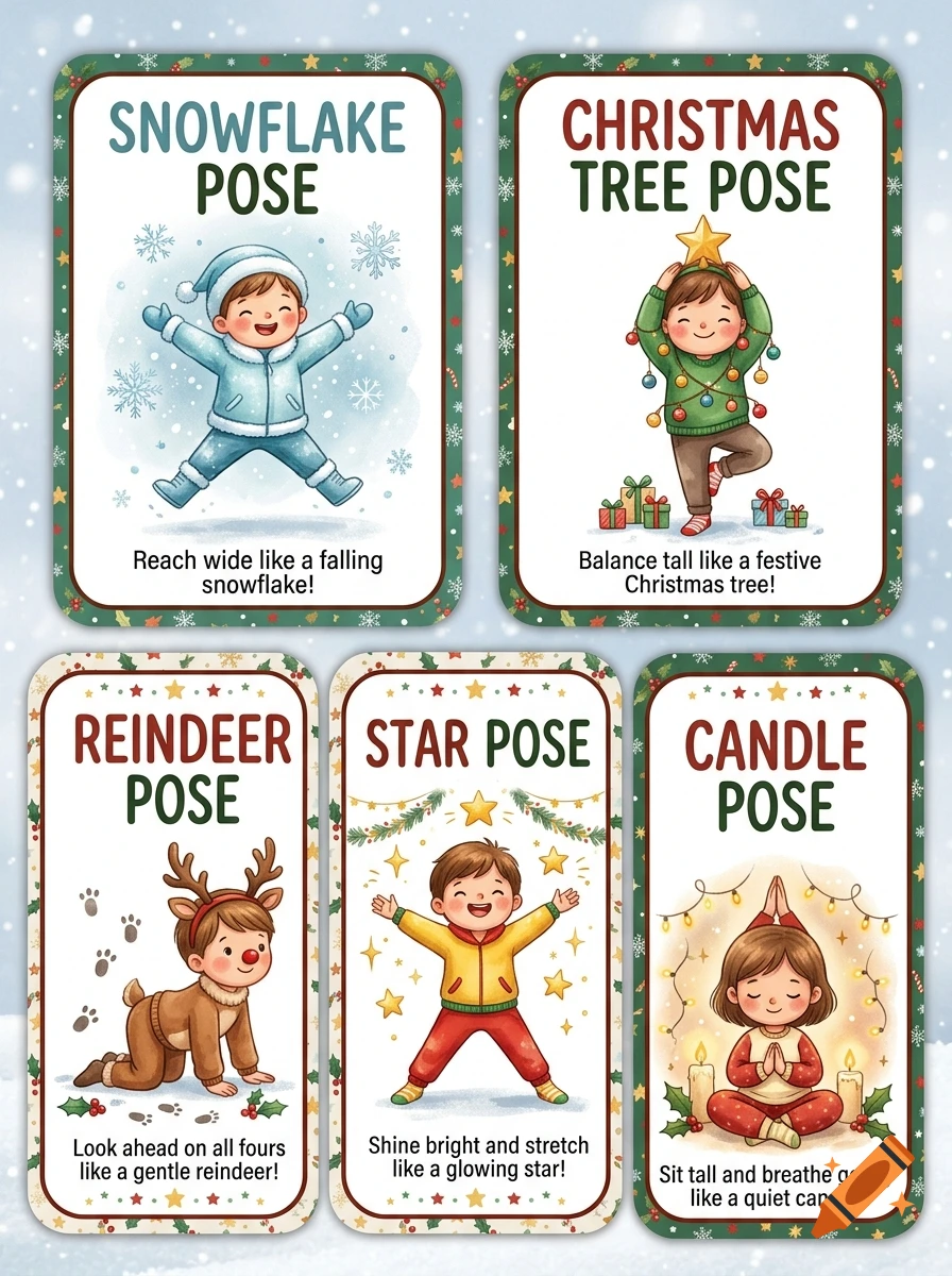 Five illustrated Christmas yoga cards featuring children demonstrating different poses with English text, in a warm cartoon style.