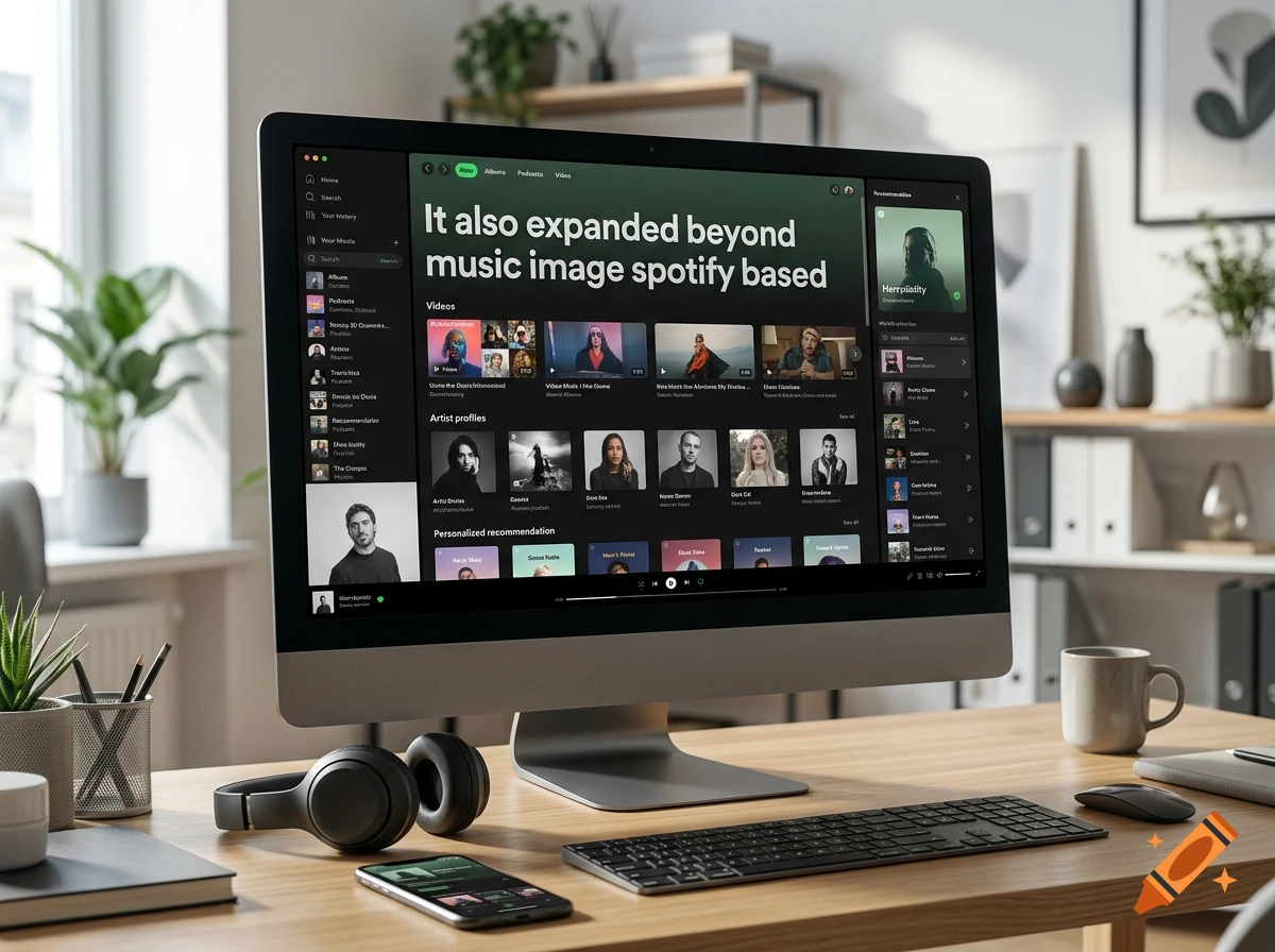 Photorealistic image of a computer monitor displaying a music streaming application, set on a wooden desk with a keyboard, headphones, and plant.