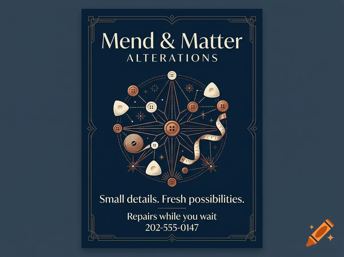 A poster for Mend & Matter Alterations with a dark blue background, featuring celestial-style sewing notions, buttons, and a measuring tape, along with elegant serif typography.