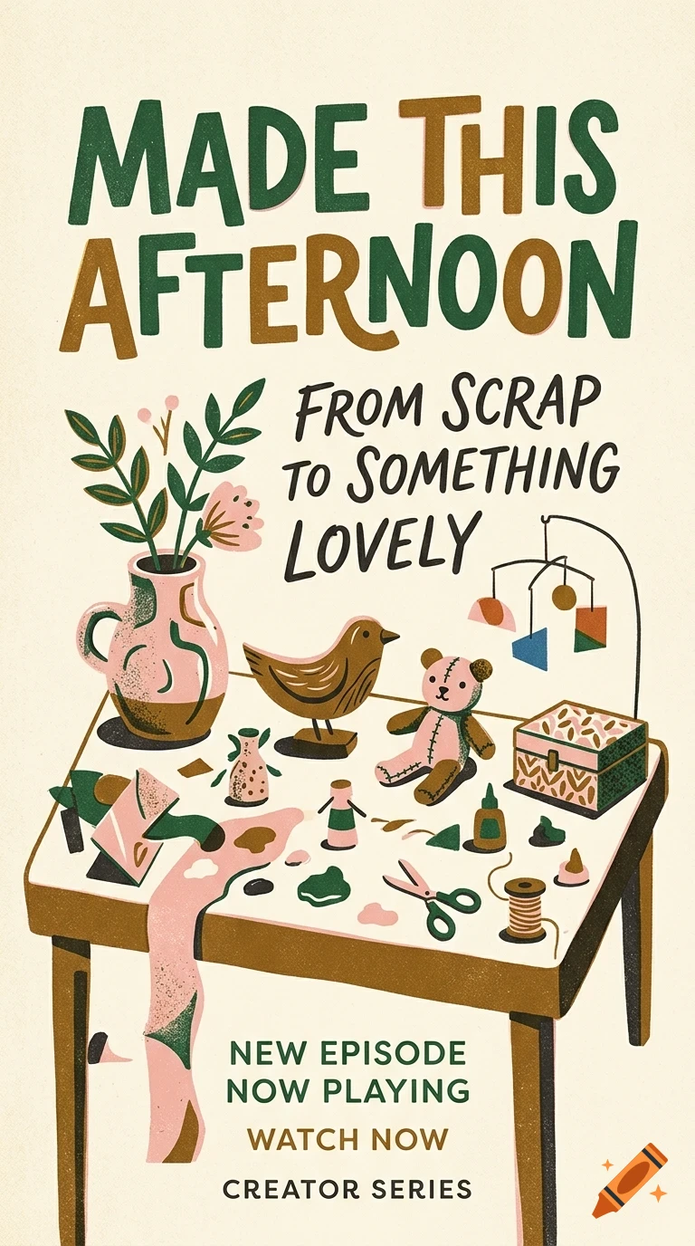 An illustrated table scene with handcrafted items like a vase of flowers, a wooden bird, a stitched teddy bear, and crafting supplies, with lettering above and below.