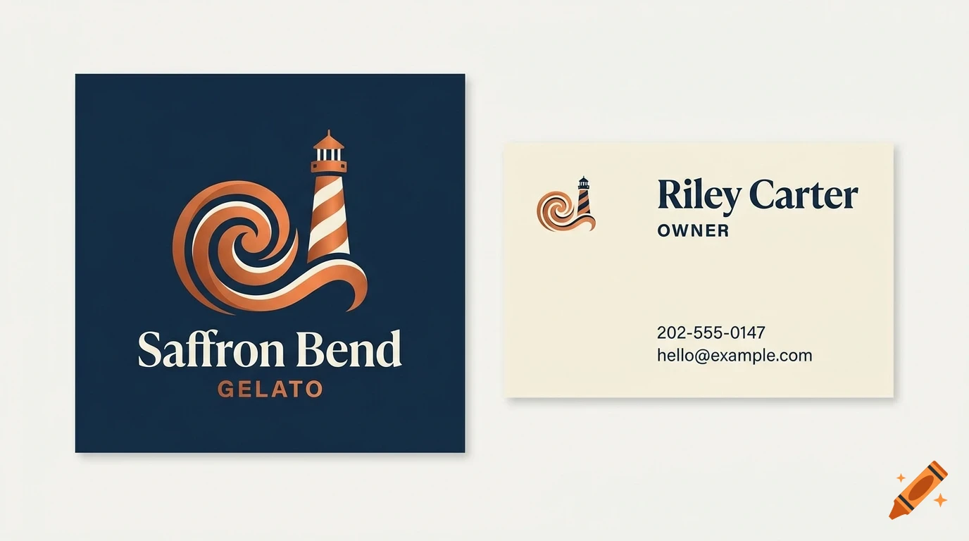 A mock-up of a square dark blue logo card featuring an orange lighthouse and wave design with the text Saffron Bend Gelato, alongside a white business card with the name Riley Carter and contact details.