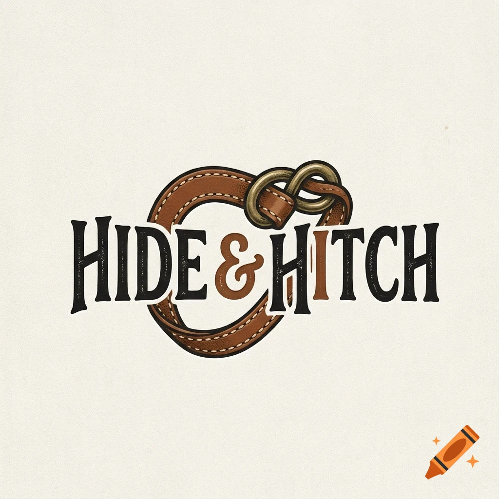 A vintage style logo for 'Hide & Hitch' featuring a brown leather strap forming a loop with brass rings.
