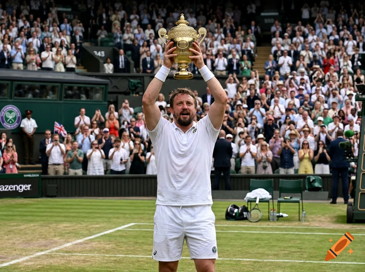 Photorealistic image of Sam Hyde holding a golden Wimbledon trophy aloft on a tennis court in front of a cheering crowd.