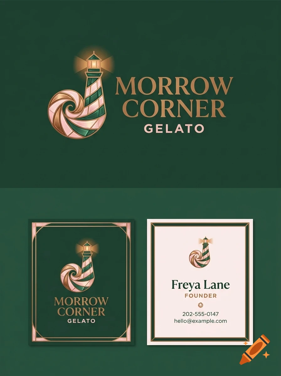 Branding design for Morrow Corner Gelato featuring a lighthouse logo and business cards.