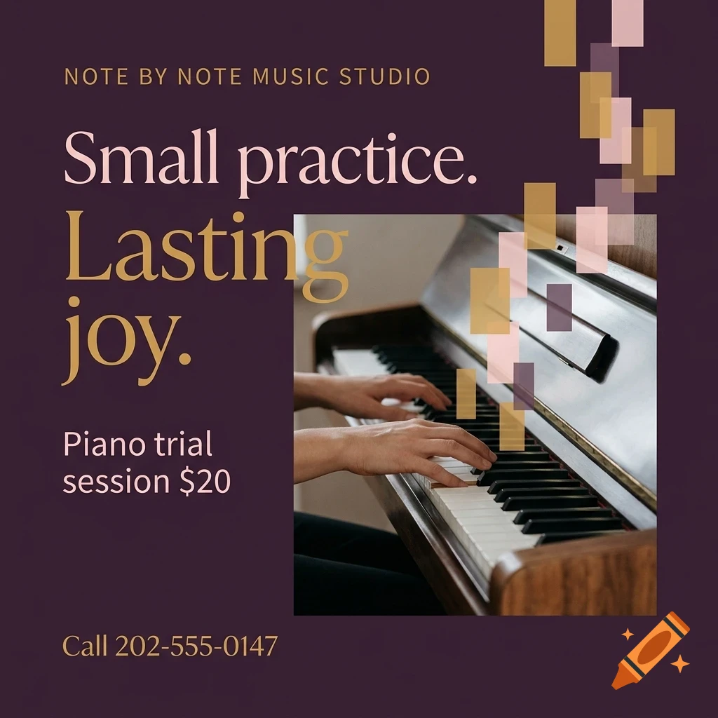 An advertisement for a piano music studio featuring a person playing the piano and overlay text.