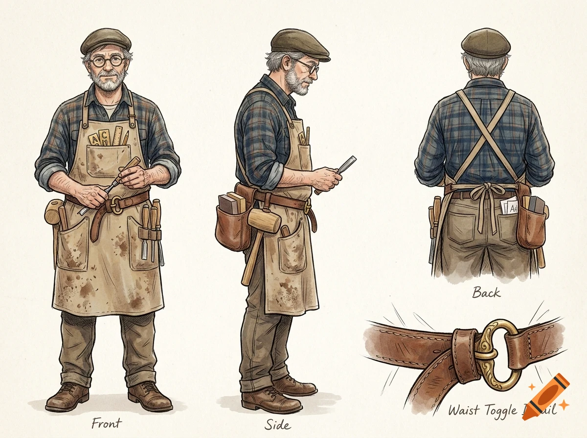 Illustration showing front, side, and back views of an elderly male woodworker in a stained apron, along with a detail view of his belt.