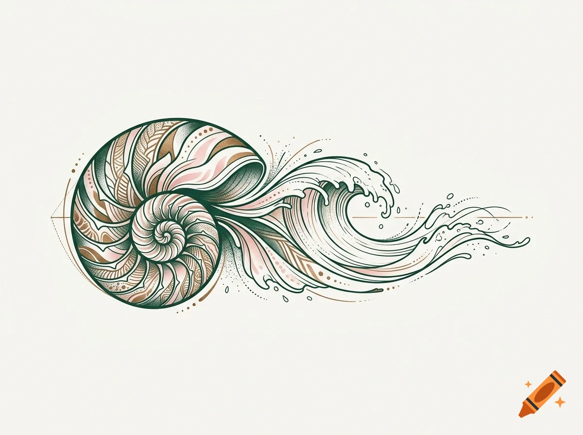 An ornate illustrative design of a nautilus shell merging into an ocean wave with intricate patterns.