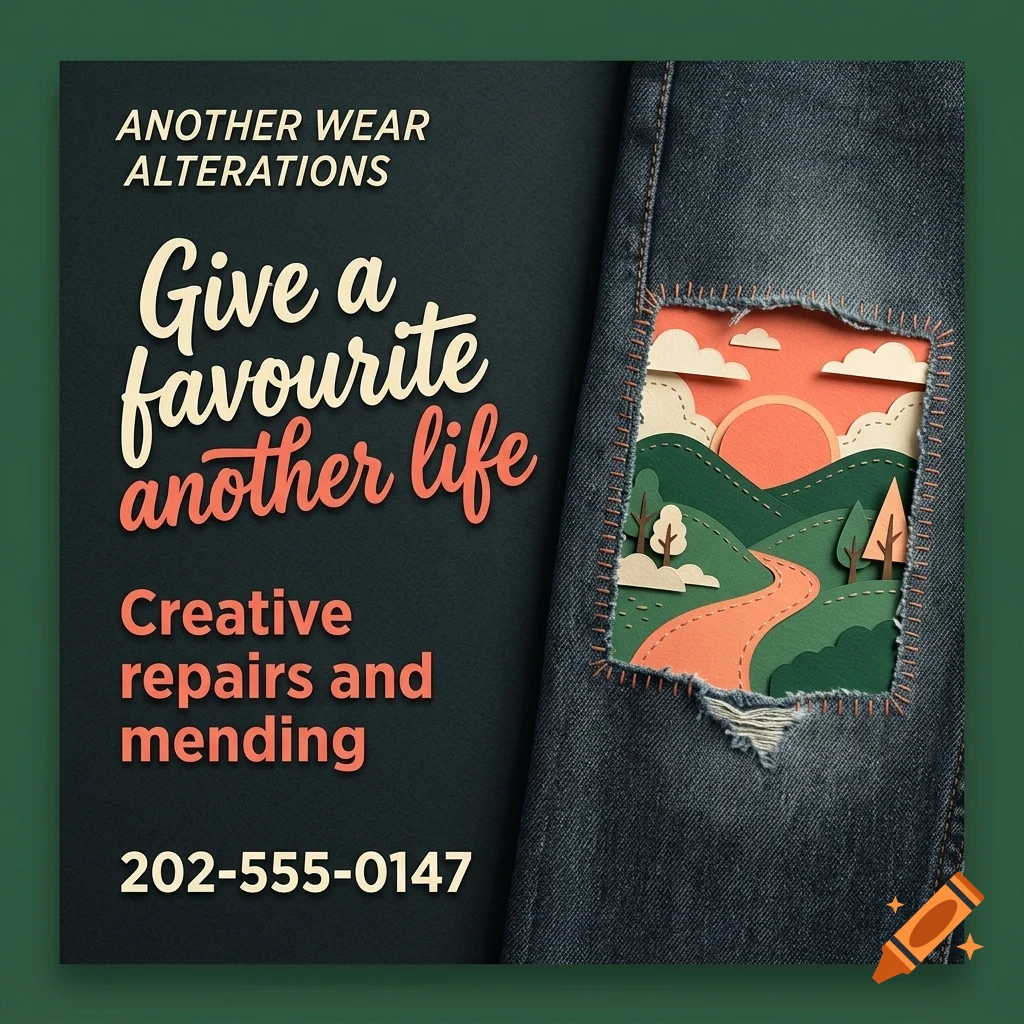 An advertisement for Another Wear Alterations features denim jeans with a patched cutout showing a papercraft-style landscape with rolling hills, trees, and a sun.