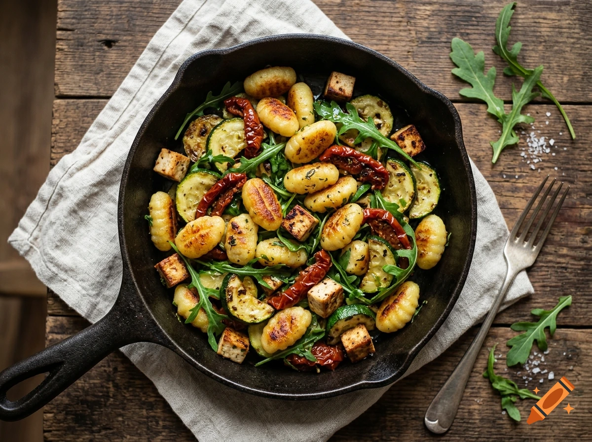 Photorealistic top-down view of vegan gnocchi pan with zucchini, sun-dried tomatoes, tofu, and arugula in a cast-iron skillet on a wooden table.