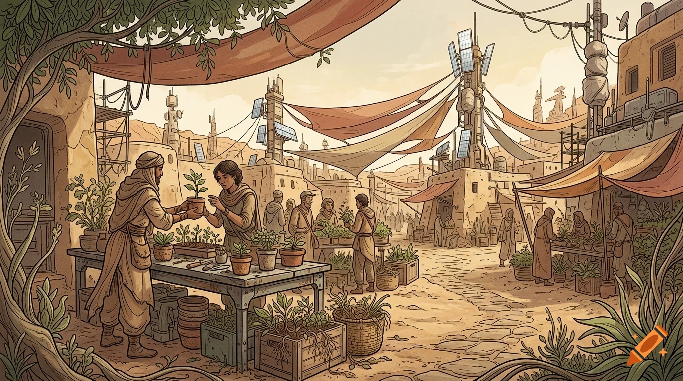 An illustrated outdoor marketplace in a desert settlement where people sell and tend to potted plants.