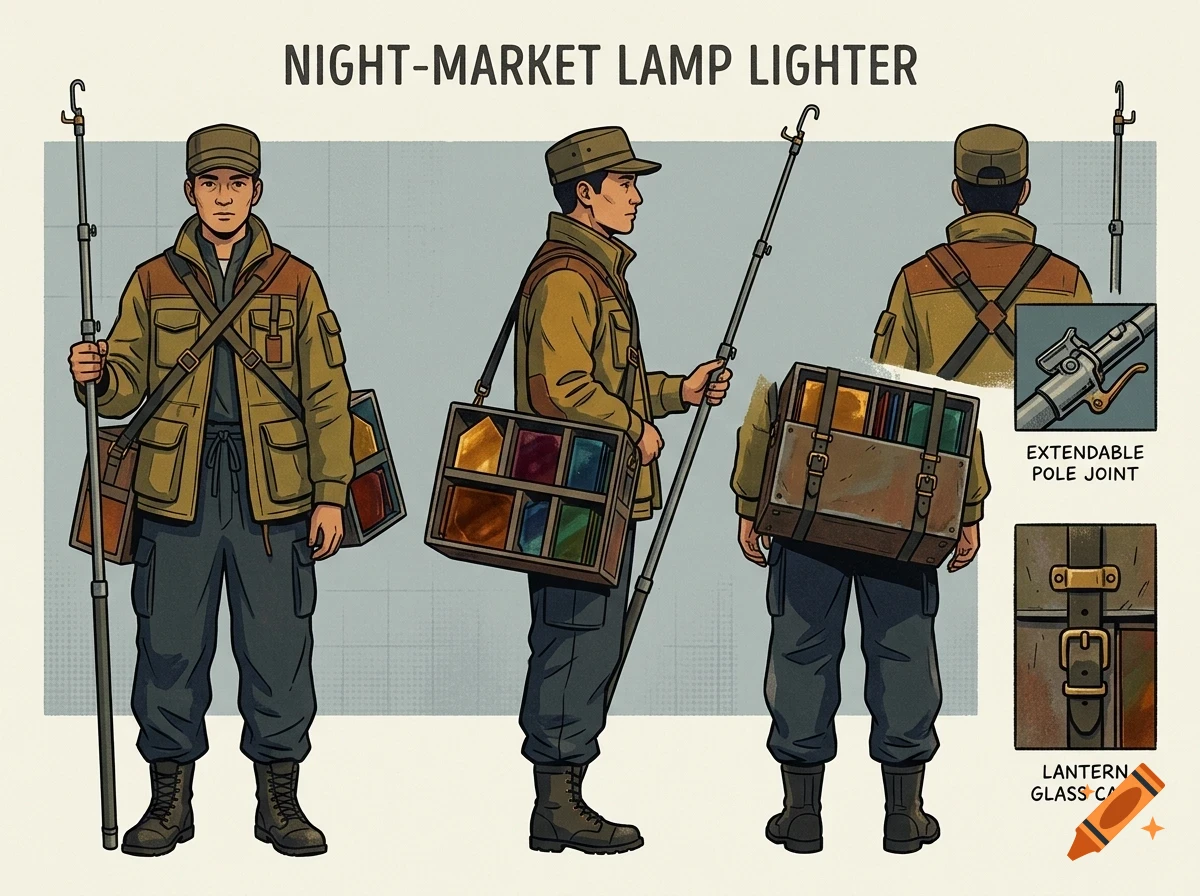 Character concept art sheet of a night-market lamp lighter showing front, side, and back views along with equipment details.