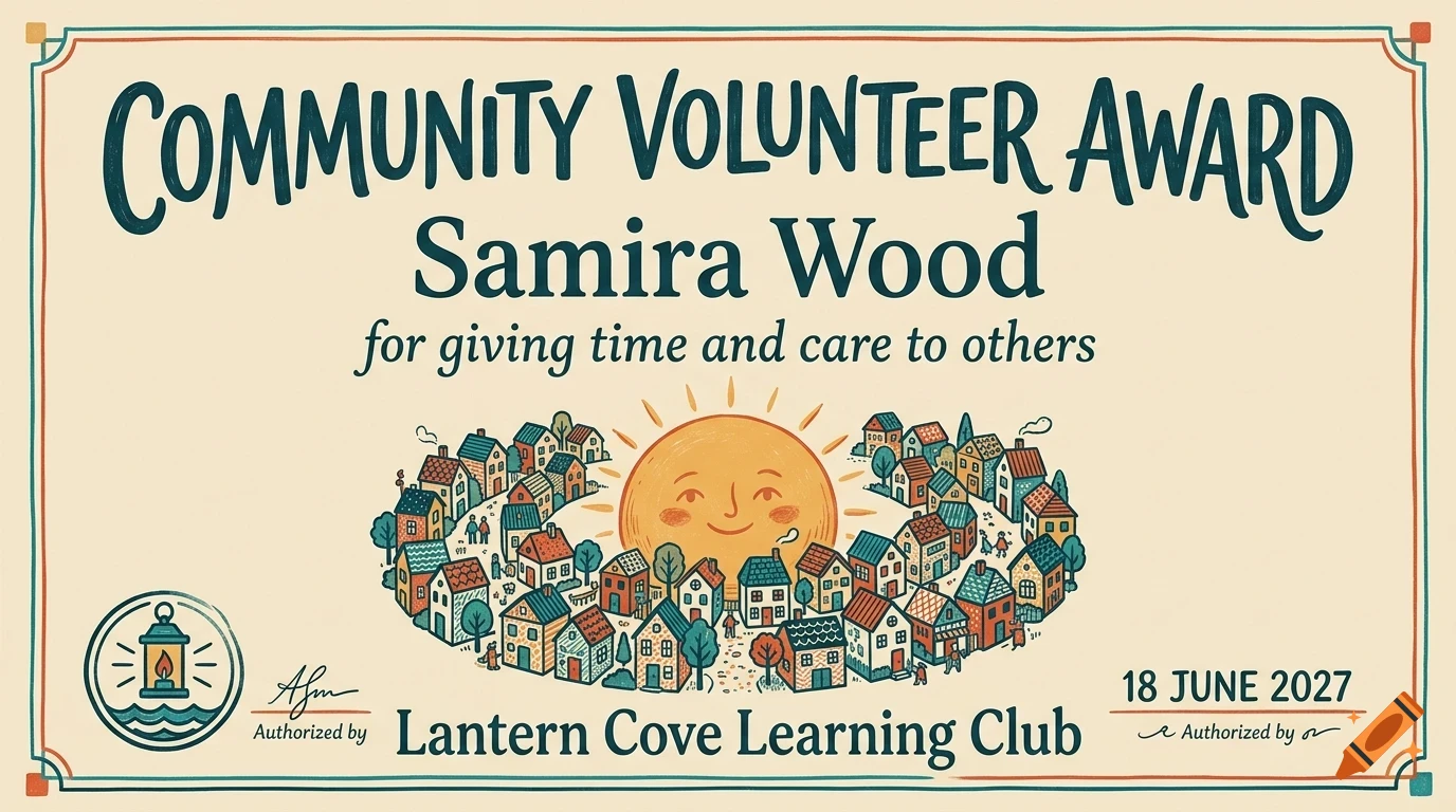 An award certificate titled Community Volunteer Award with a smiling sun and village illustration.