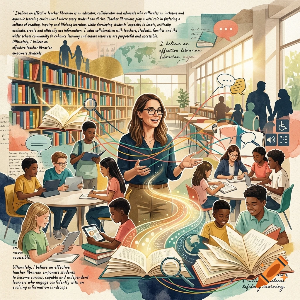 Illustrated collage depicting a teacher librarian surrounded by students, books, and educational concepts.