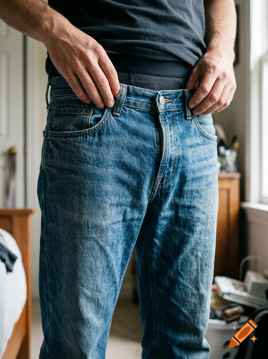 Close-up of a person wearing a dark t-shirt and blue jeans, holding the waistband of their trousers, photorealistic.