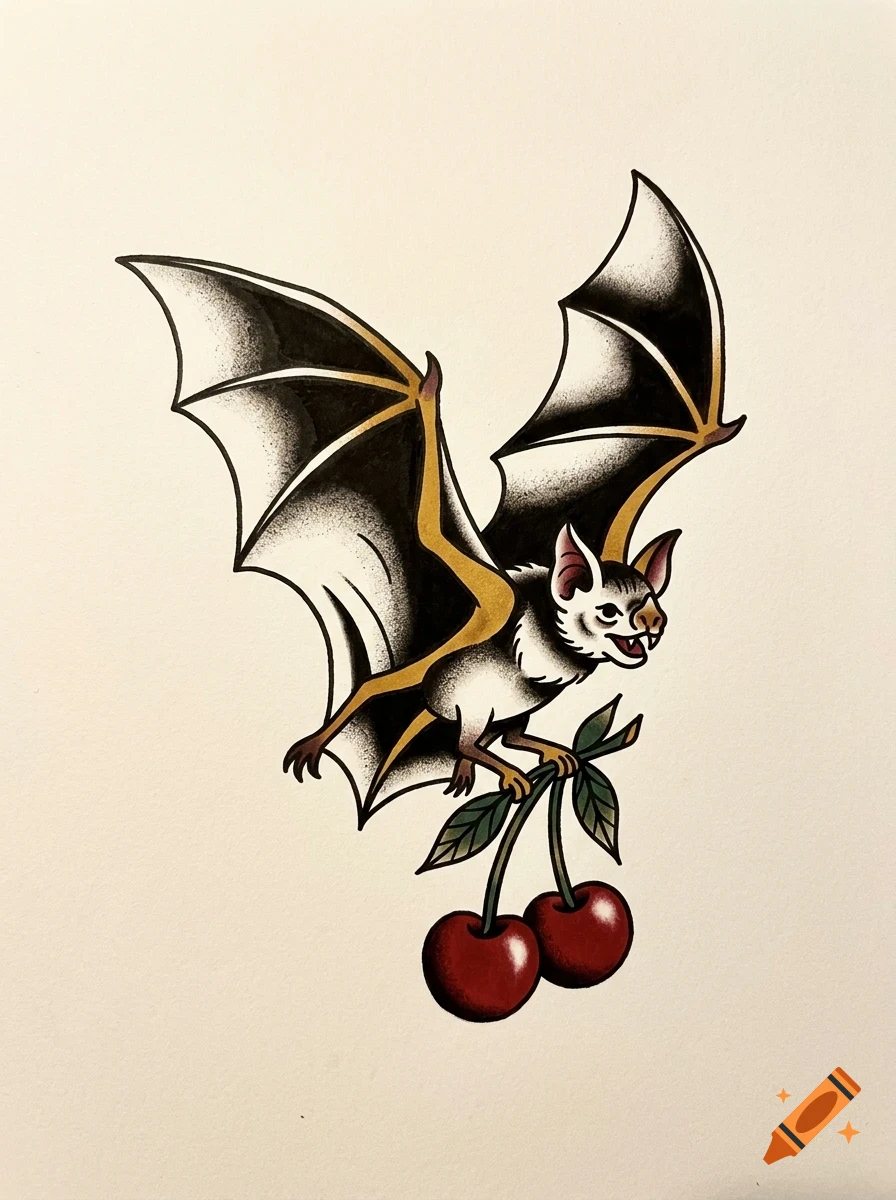An illustrated bat with outstretched wings holding onto a stem with two red cherries.