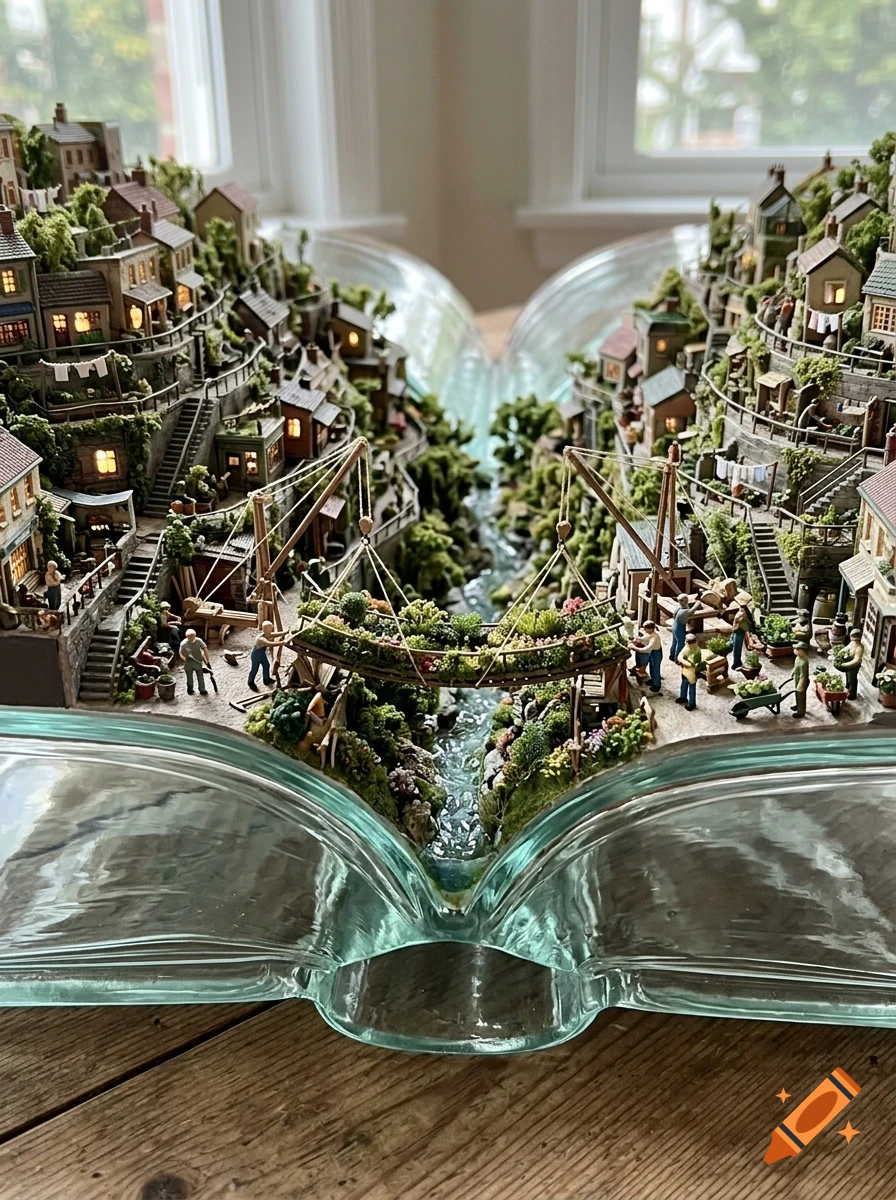 An intricate miniature diorama built inside a curved glass book sculpture, depicting a tiered hillside town and river crossed by a suspended bridge.