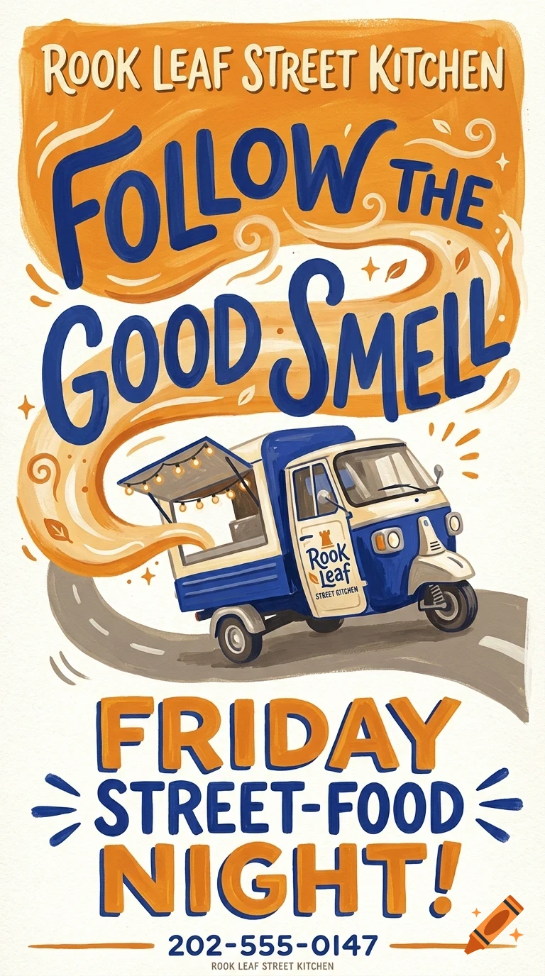 An illustrated poster for Rook Leaf Street Kitchen featuring a blue and white food truck on a road with swirling orange smoke and text that reads Follow the good smell and Friday street-food night.