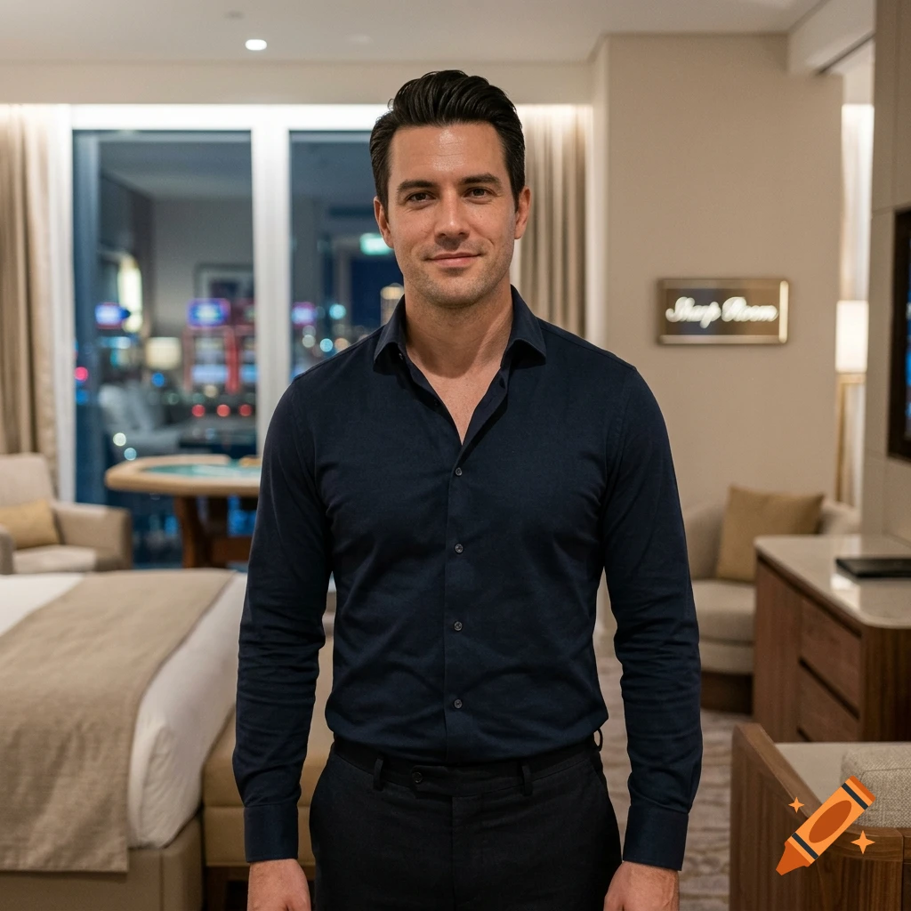 Photorealistic portrait of a handsome man in a dark button-down shirt standing in a luxury hotel room with a casino view.