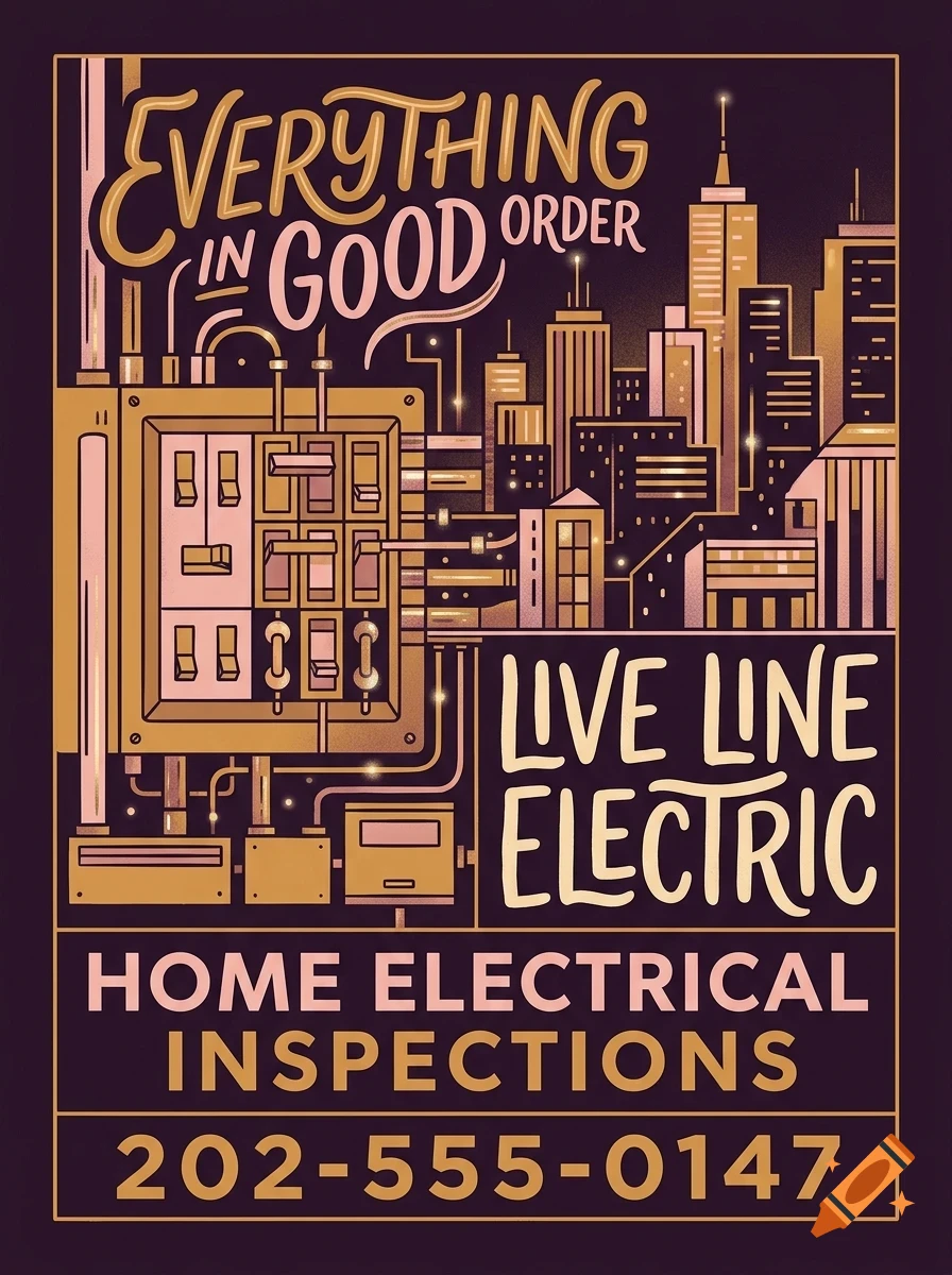 An illustration of an electrical panel and city skyline with text reading LIVE LINE ELECTRIC.