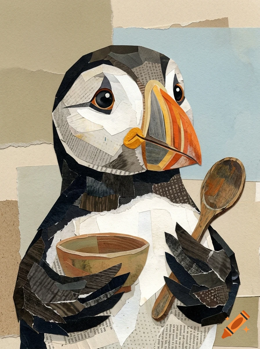 A collage artwork of a puffin holding a small bowl and a wooden spoon.