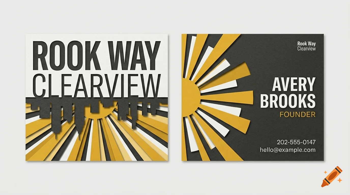 Two square business cards featuring a layered papercut design with yellow, white, and black elements, displaying text including Rook Way Clearview and Avery Brooks.