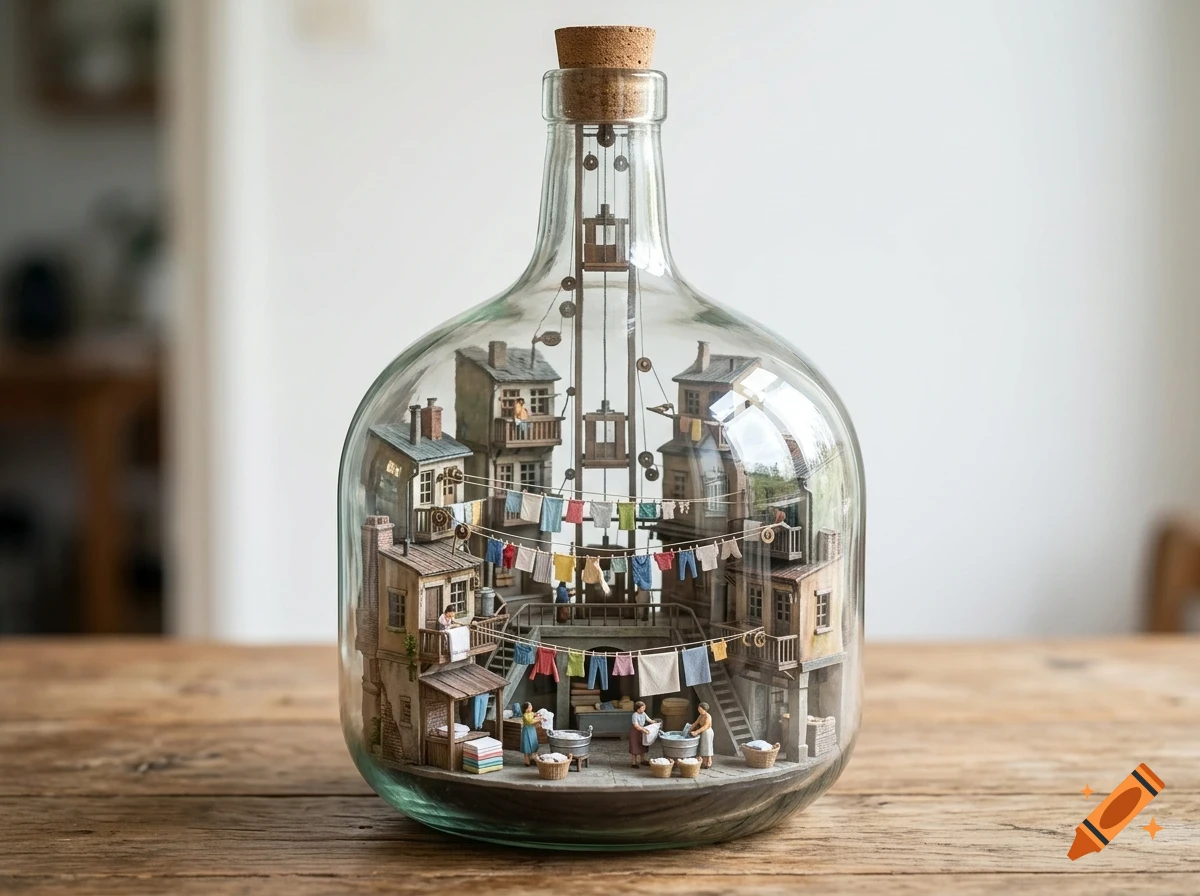 A miniature diorama of a quaint street scene with small houses and laundry hanging on lines, built inside a large glass bottle with a cork stopper.