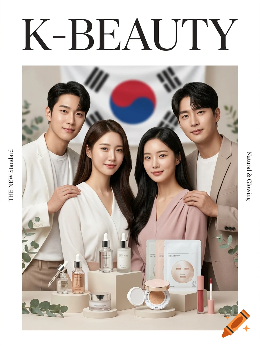 Photorealistic magazine cover titled K-BEAUTY featuring two smiling men and two women posing behind various skincare products.