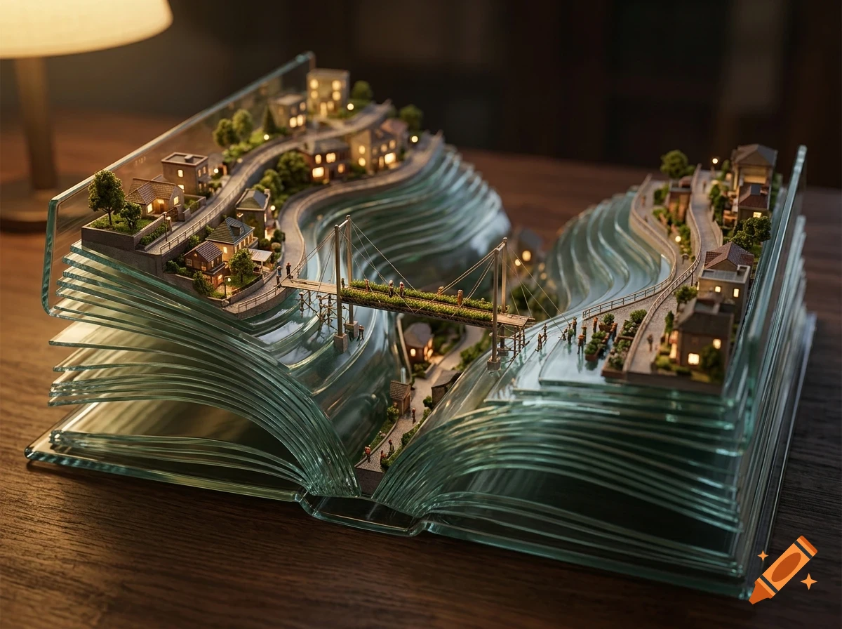 An illuminated miniature village with winding roads, houses, and a bridge built inside the pages of a carved glass book.