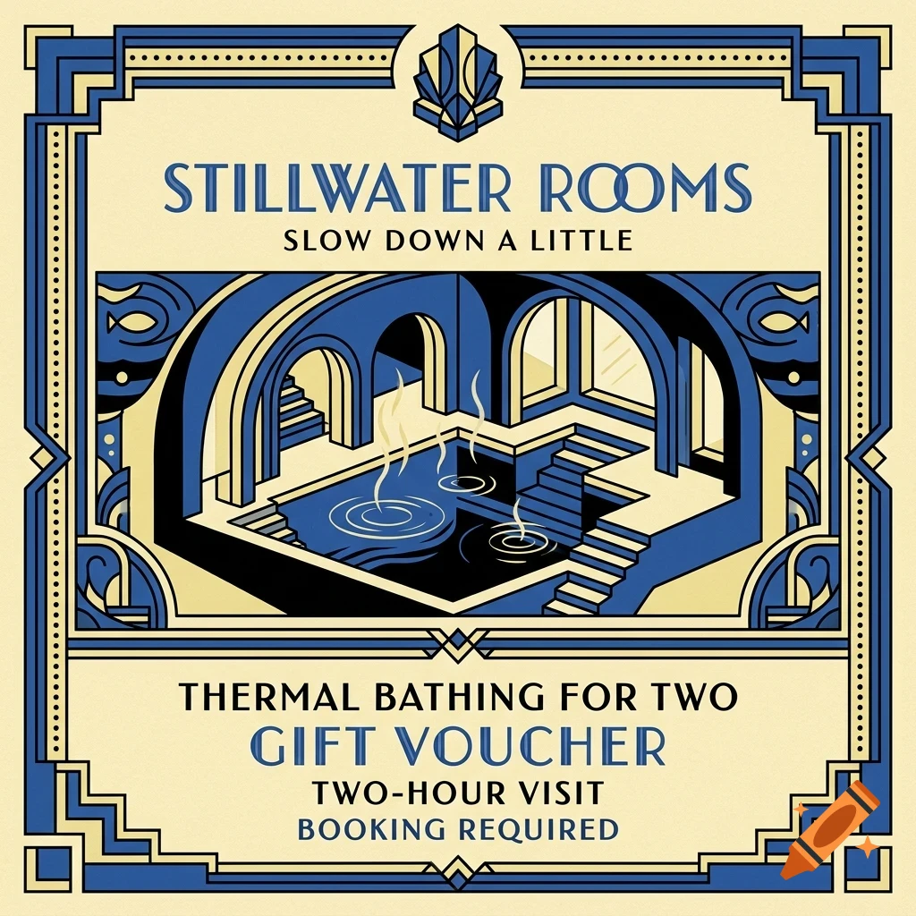An art deco style gift voucher featuring an illustration of an indoor thermal pool, with blue and cream geometric framing and the text Stillwater Rooms.