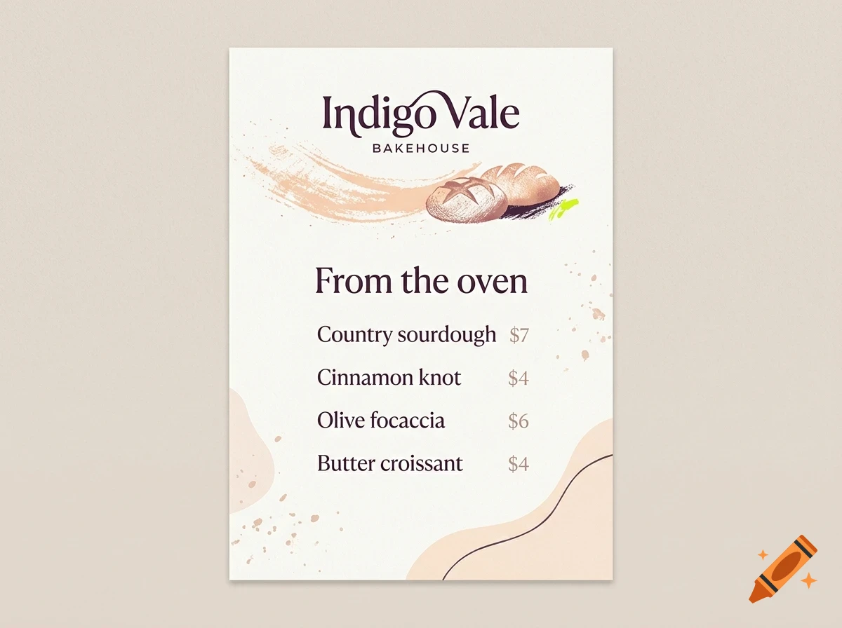 A menu poster for Indigo Vale Bakehouse featuring bakery items and prices.