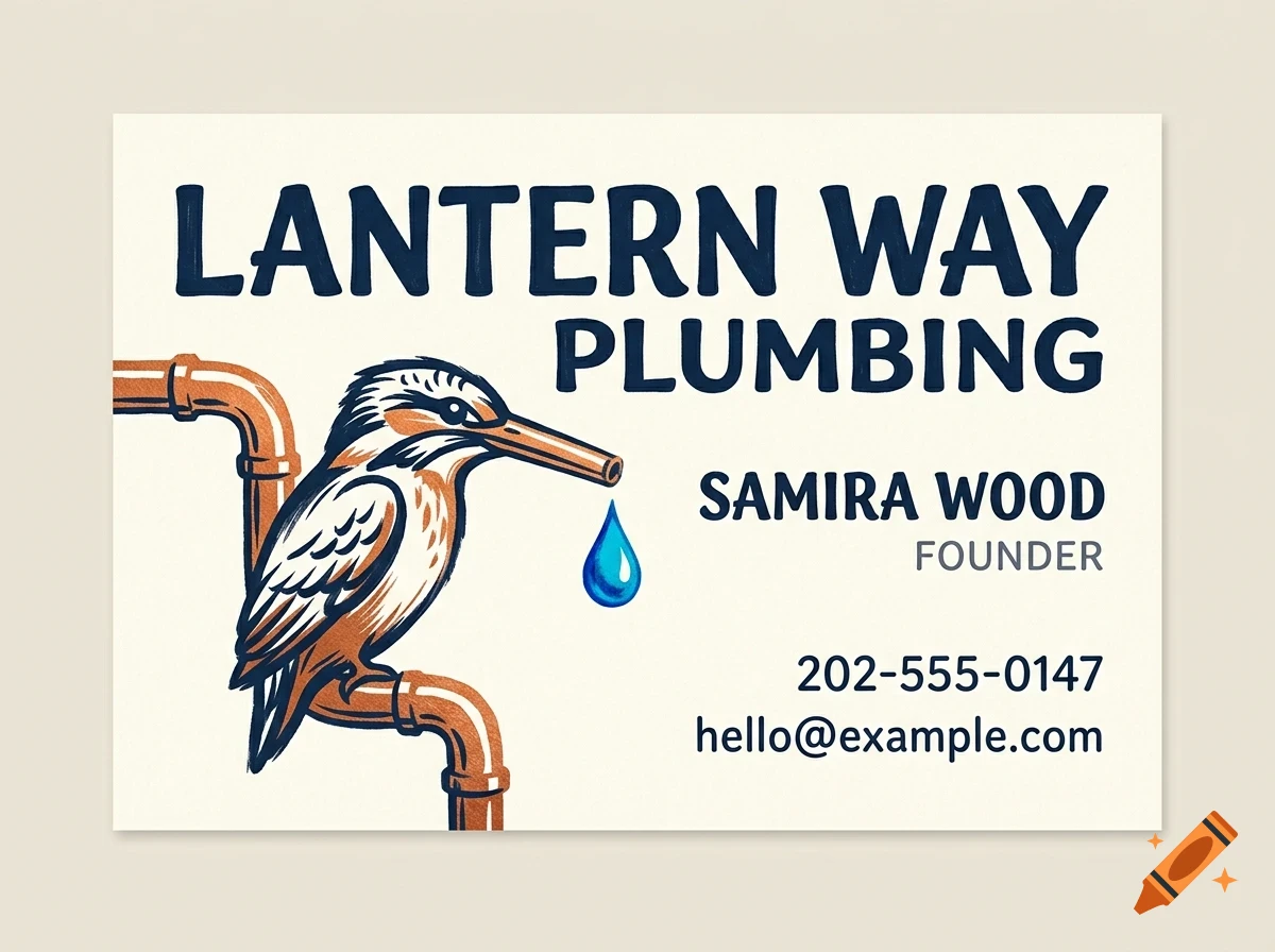 A business card featuring an illustration of a bird perched on a pipe, with text including LANTERN WAY PLUMBING and a water drop.