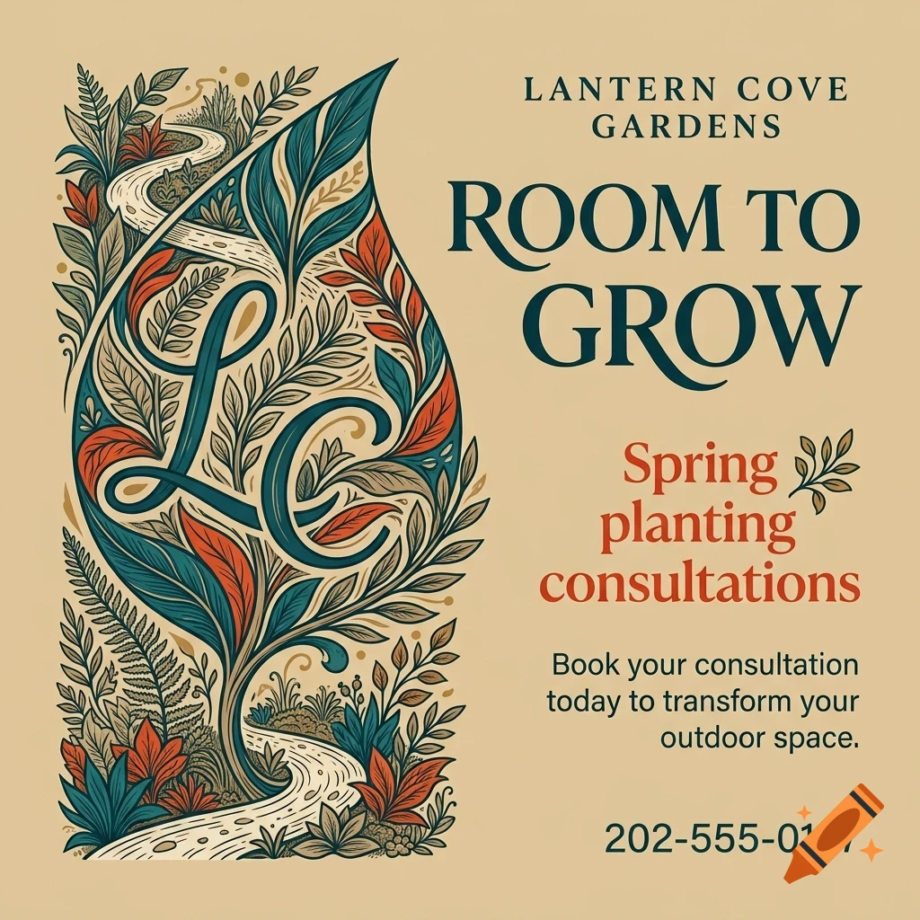 An advertisement for Lantern Cove Gardens featuring a leaf-shaped botanical illustration and the text ROOM TO GROW.