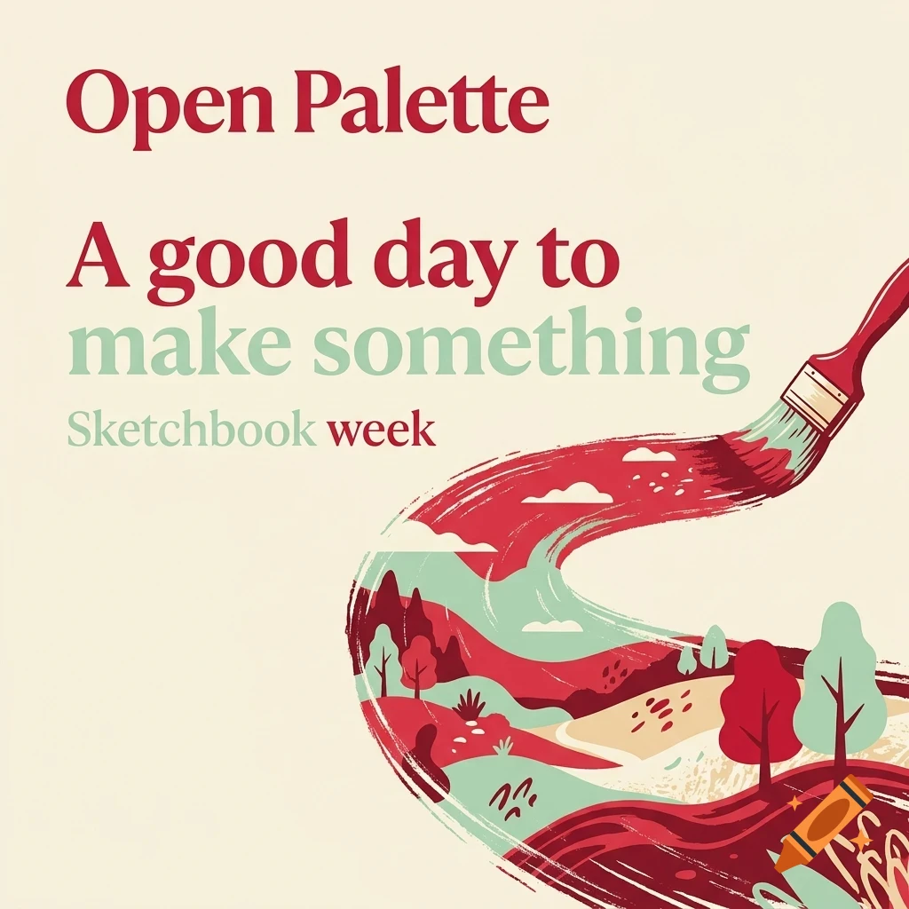 An illustration with text reading Open Palette and A good day to make something, featuring a paintbrush painting a landscape.