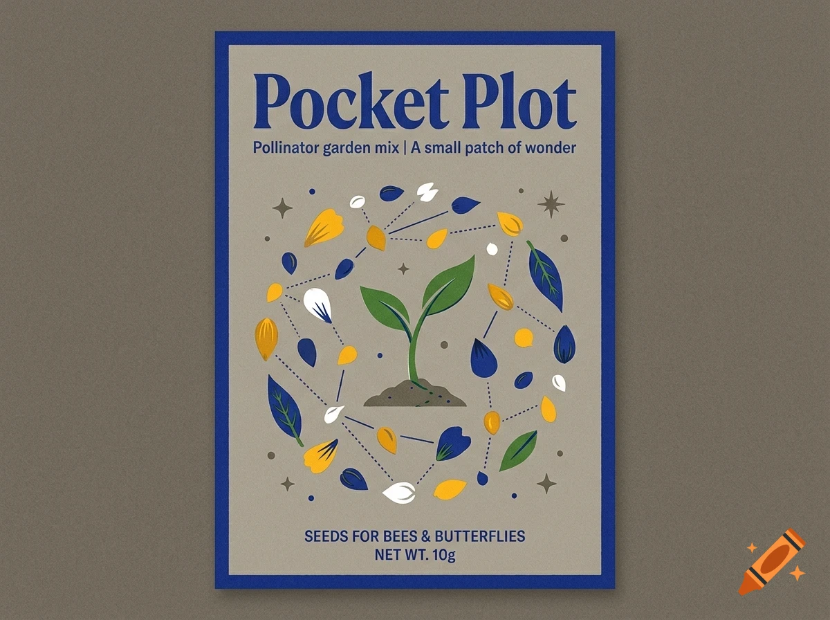 A graphic design for a seed packet titled 'Pocket Plot' featuring a central green seedling and various seeds and leaves connected by dotted lines in a circle.