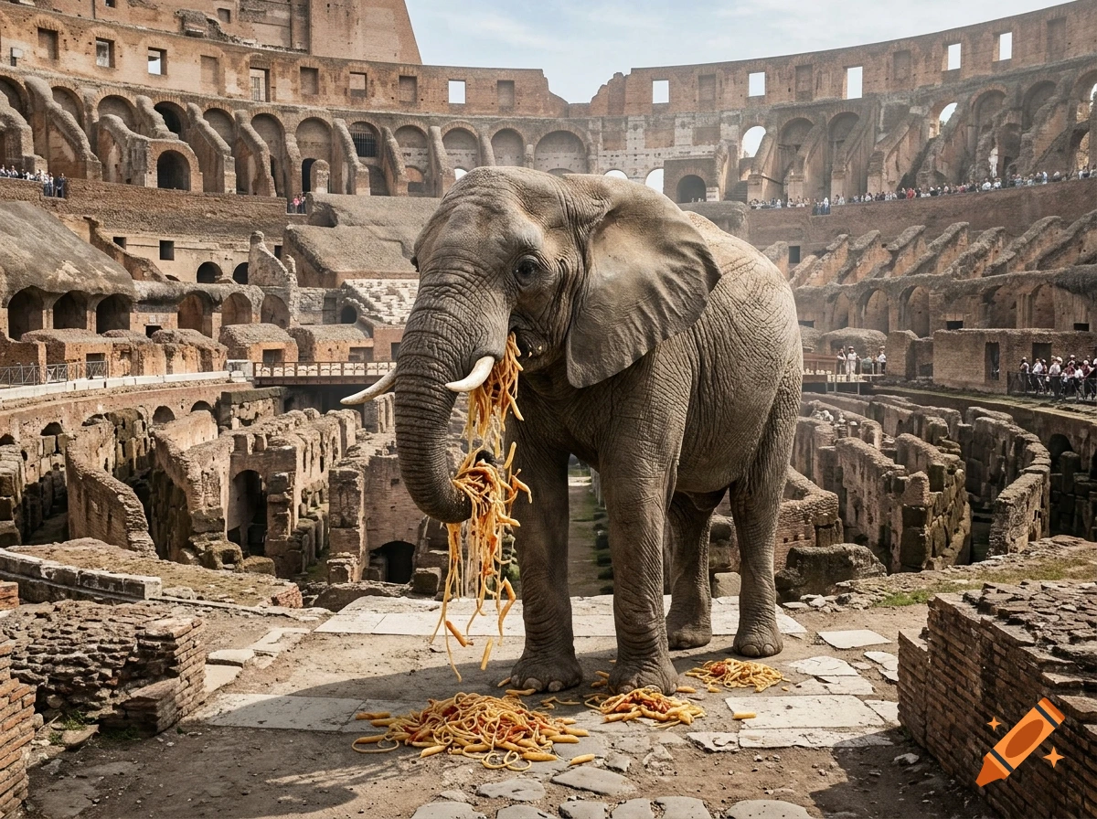 An elephant standing inside the Colosseum in Rome, vomiting pasta onto the stone floor.