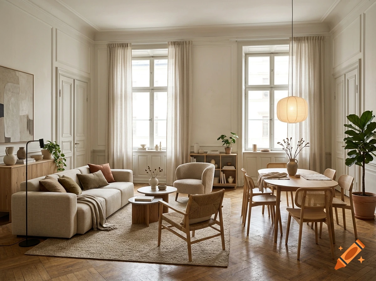 Photorealistic interior view of a modern and cozy living and dining room with a sofa, wooden dining table, and large windows.