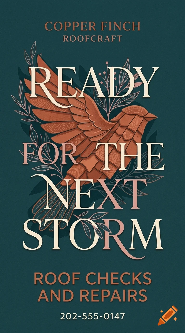 An illustration of a copper-colored bird amid leafy branches, with text reading READY FOR THE NEXT STORM against a dark green background.
